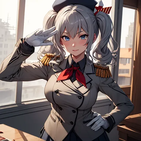 {{kashima (kancolle)}}, blue eyes, medium [[[large]]] breasts, twintails, wavy grey hair, military uniform, dark grey shirt, collared shirt, dark beret, epaulettes, jacket, long sleeves, red neckerchief, pleated grey skirt, white gloves,{{{game cg}}}, year...