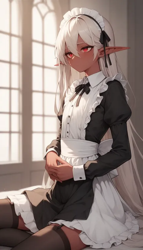     Best quality  ,       very detailed    ,(dark elf boy :1,7), black circles under the eyes  , long hair of soft pink color,   tired look,  a femboy ,   slim,  perfect body   , Cute,  is fake  , Maid Clothes , playful,  stockings