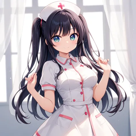 {best quality}, {very aesthetic}, {ultra-detailed}, {best illustration}, {masterpiece}, {detailed beautiful eyes}, {extremely detailed}, nsfw, cute female, standing,  nurse, medium breasts:1.4), (loli, little, ultra cute kawaii:1.6),smile