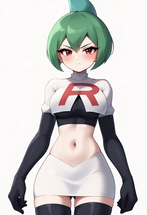  A stylized design of a girl, blushing look, pale white skin , short dark green hair,  framing the top of the head with a pointed crest on the top of the sky blue,  tilted backwards at a dynamic angle .  The face is white and smooth , with minimal details ...