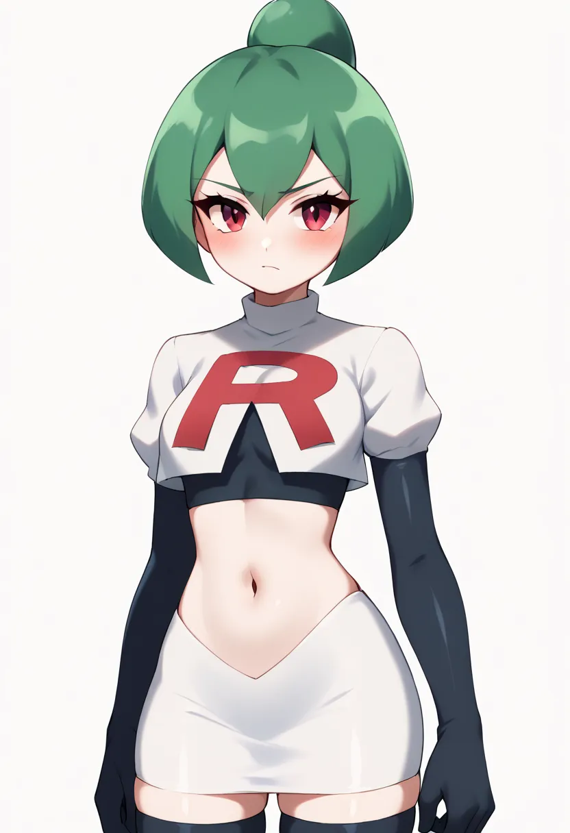  A stylized design of a girl, blushing look, pale white skin , short dark green hair,  framing the top of the head with a pointed crest on the top of the sky blue,  tilted backwards at a dynamic angle .  The face is white and smooth , with minimal details ...