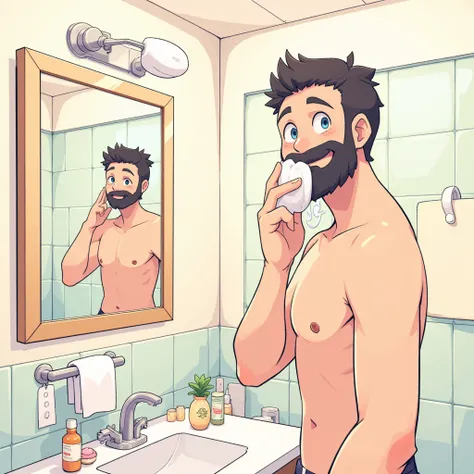 Man shaving、In front of the mirror、 washroom、Each part isn't too complicated 、 Each part is large and easy to understand pattern、Clear Colours 、A clear pattern、Thick Line、 hand-drawn illustration、Simple lines、A clear line、2D illustration、背景もClear Colours を...