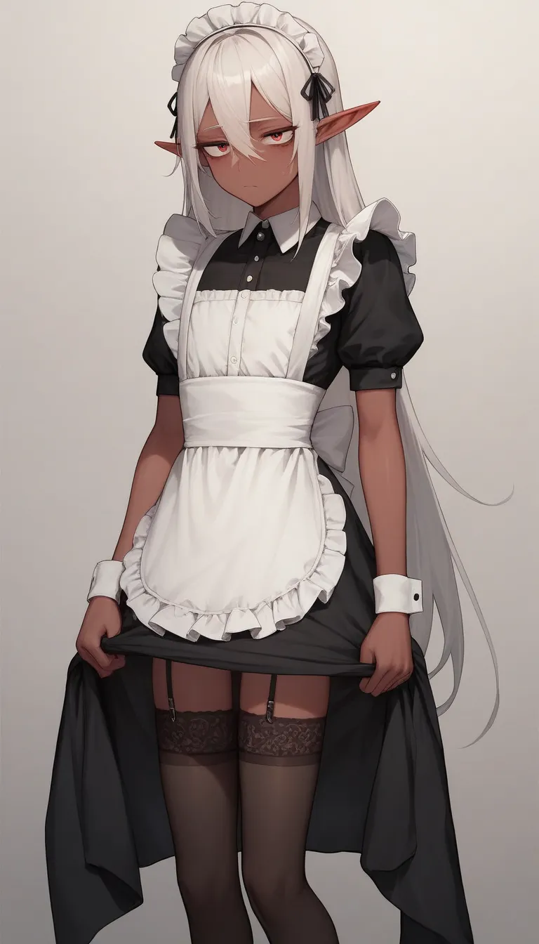     Best quality  ,       very detailed    ,(dark elf boy :1,7), black circles under the eyes  , (long hair of soft pink color:1,8),   tired look,  a femboy ,   slim,  perfect body   , Cute,  is fake  , Maid Clothes , playful,  stockings