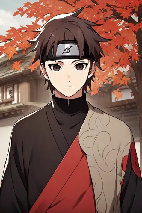 Create a character from the anime Naruto , he will look like a Senju he will be wearing a headband from the village of Leaf on his head. In the background I want the Mount of Hokages.  he has dark brown hair ,with clear 