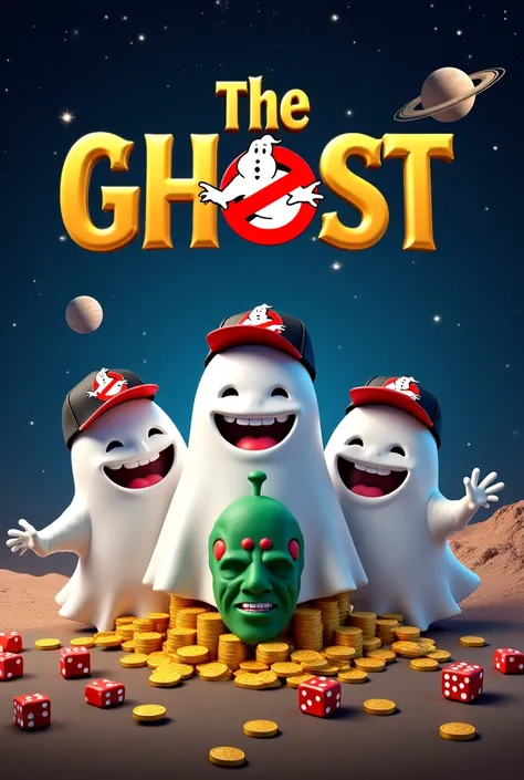 Image of four animated white ghosts emoji style with baseball cap brand “ghostbusters”,  accompanied by the character from the movie “The Mask” and with dice and lots of gold coins;    against the background showing planets and stars , with the title in go...