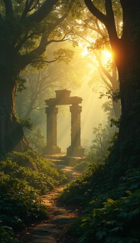 "A dense, mystical jungle at sunrise, with golden light filtering through thick trees. In the distance, ancient stone pillars covered in moss and vines peek through the fog. The air is misty, and the scene feels both eerie and enchanting. Realistic, Pixar-...