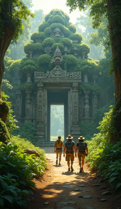 A group of explorers, dressed in modern adventure gear, cautiously walk through a jungle path leading to a massive ancient Hindu temple entrance. The temple is covered in moss, with intricate carvings of gods and mystical symbols on its walls. Sunbeams pen...