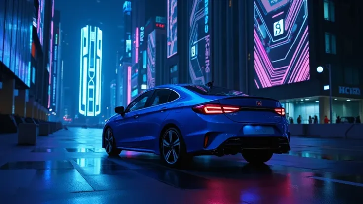 2026 Honda City is in the middle of a futuristic city with blue and purple neon lights shining all around.
