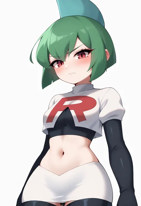  A stylized design of a girl, blushing look, pale white skin , short dark green hair,  framing the top of the head with a pointed crest on the top of the sky blue,  tilted backwards at a dynamic angle .  The face is white and smooth , with minimal details ...