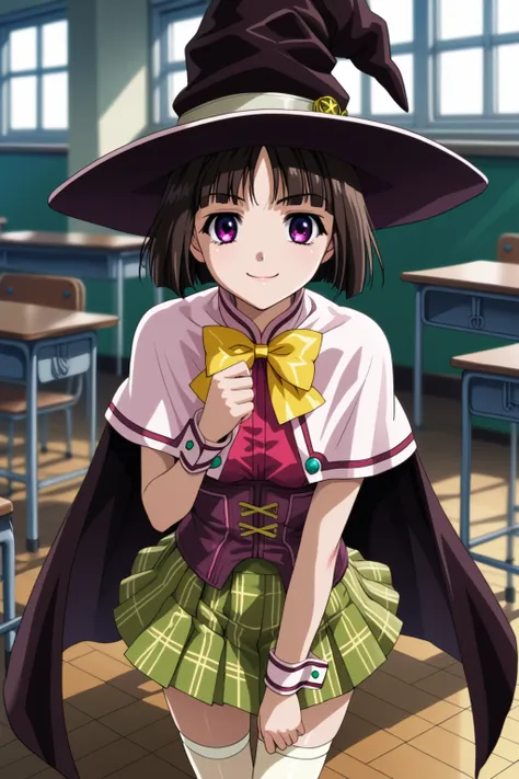 score_9, score_8_up, score_7_up, source_anime, yukari sendou, short hair, purple eyes, bangs, blunt bangs, brown hair, skirt, thighhighs, hat, school uniform, cape, brown cape, white thighhighs, witch hat, capelet, white capelet, bow, yellow bow, pleated s...