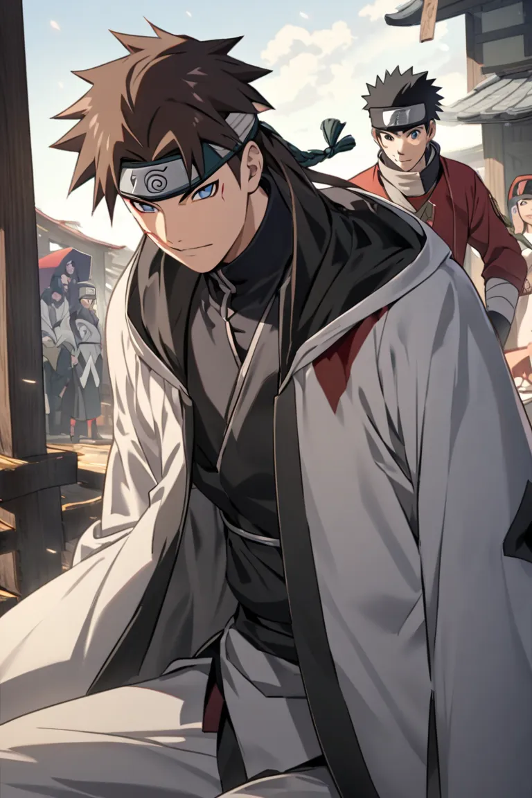 Create a character from the anime Naruto , He's going to look like a Senju he's wearing a headband from the Folha village. In the background I want the Mount of Hokages. He has short dark brown hair,with clear ,