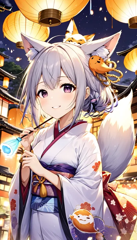 Tsuko Shiomi, shiomi_Shackle, 1 girl,  dark eyes, green_,  candle ,   electric , , inflammation, Fox_ear, Fox_Tail, Ghost, Shine, hin, Hitodama, Food,  Japanese_ close ,  kimono,  lantern,  accurately _in_viewer,  magic , Oil paper _umbrella, purple _,  py...