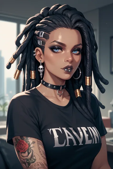 gothic girl, Hair with dreadlocks, Half of the hair is blue and the other half is silver, with mouth piercing,  tight clothing, t-shirt with sexy neckline are pierced weights appreciated, He has a tattoo on his arms.