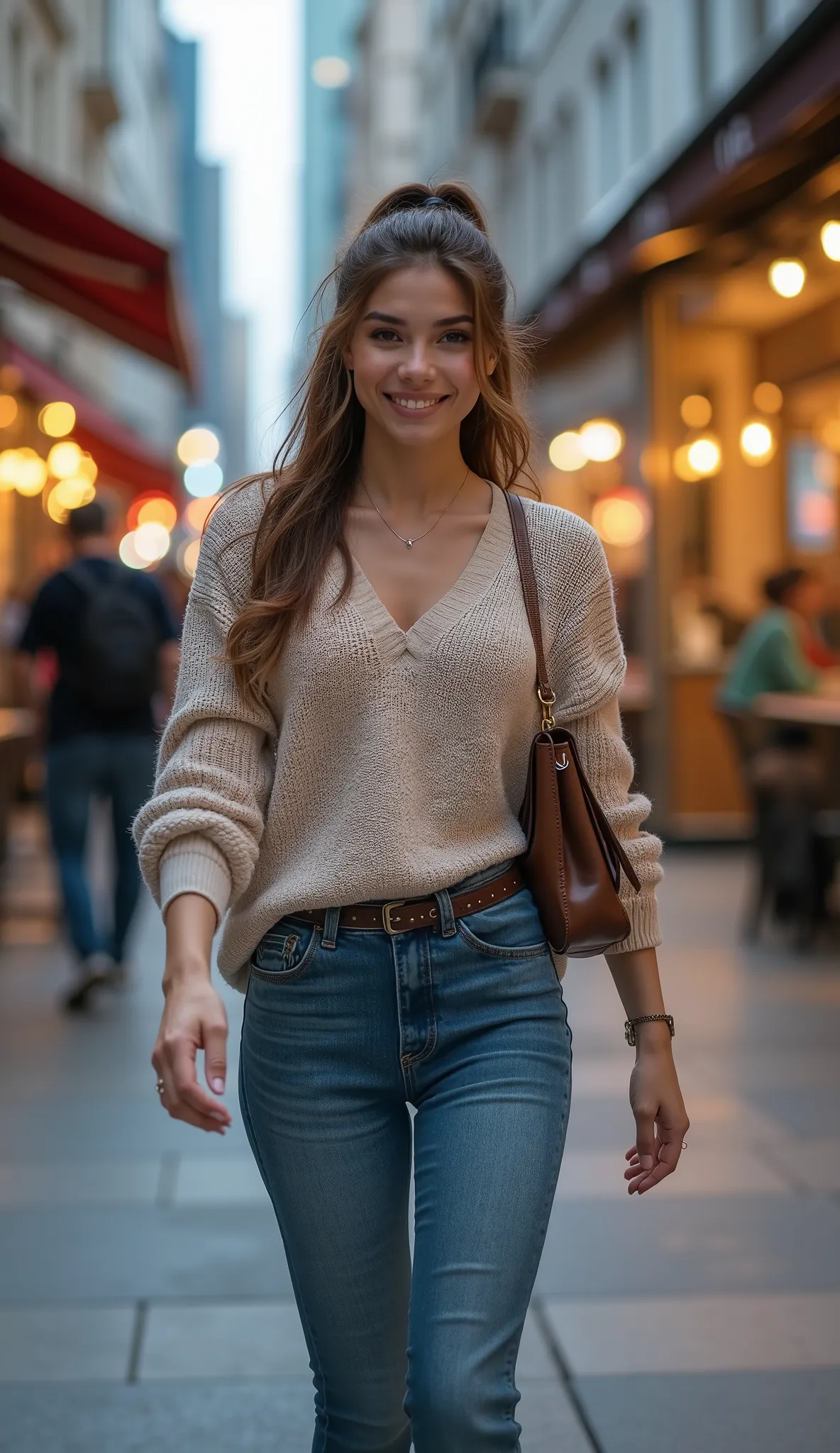 *"A high-resolution, photorealistic full-body portrait of the most beautiful 19-year-old woman in the world with an athletic, well-defined figure. She is in a bustling city environment, wearing a stylish, cozy beige sweater with well-fitted high-waisted je...