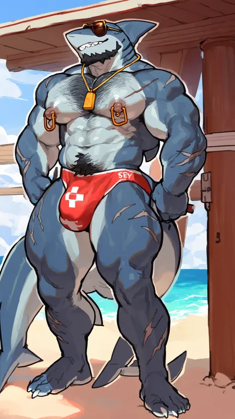 bara shark, (((solo))), blue shark skin, tall, rugged face, large jaws, testosterone, full body, very muscular, perfect anatomy, masterpiece, short scruffy beard,  hairy chest, strong jaw, hairy pectorals, hairy forearms, solo, great lighting, by bebebebe,...