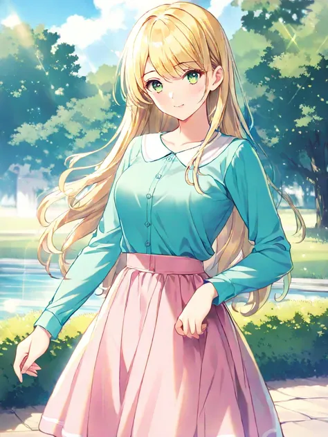 1girls, Solo, Long Hair, Breasts, Blonde Hair, green eyes, aqua t shirt, pink skirt, long sleeves, day, outdoors, Peter Pan collar, standing, 
