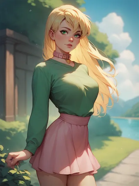 1girls, Solo, Long Hair, Breasts, Blonde Hair, green eyes, aqua t shirt, pink skirt, long sleeves, day, outdoors, Peter Pan collar, standing, 
