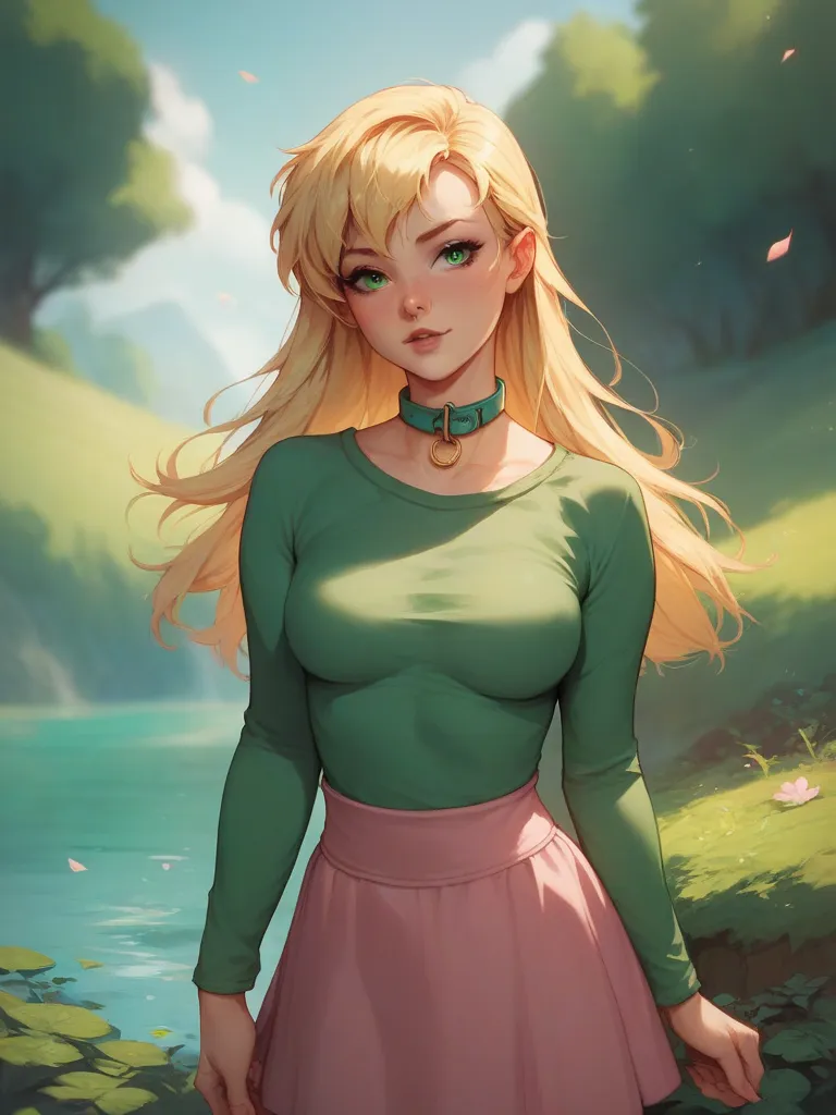 1girls, Solo, Long Hair, Breasts, Blonde Hair, green eyes, aqua t shirt, pink skirt, long sleeves, day, outdoors, Peter Pan collar, standing, 
