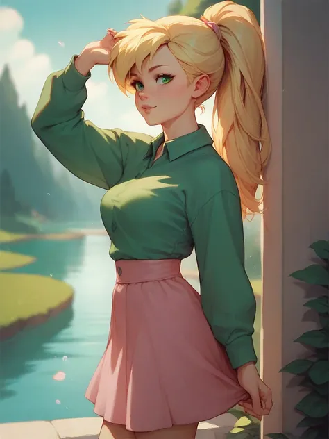 1girls, Solo, Long Hair, Breasts, Blonde Hair, green eyes, aqua t shirt, pink skirt, long sleeves, day, outdoors, Peter Pan collar, standing, 
