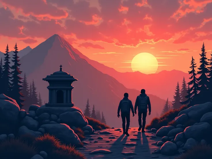 In the background is a mountain mausoleum where the sun is about to set、The setting sun is setting and the ridgeline is turning red、The two travelers carrying backpacks think about the next town while talking