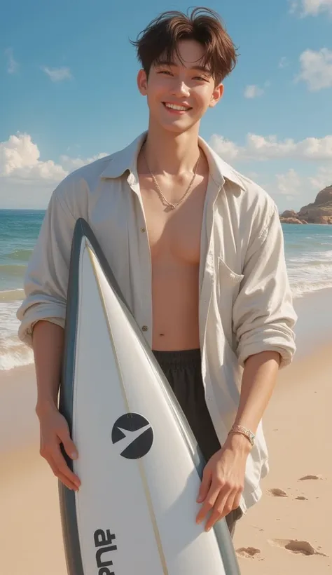 Attractive young Korean man on the beach holding a surfboard,  smiling