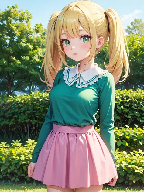 1girls, Solo, Long Hair, Breasts, Blonde Hair, green eyes, aqua t shirt, pink skirt, long sleeves, day, outdoors, Peter Pan collar, standing, 
