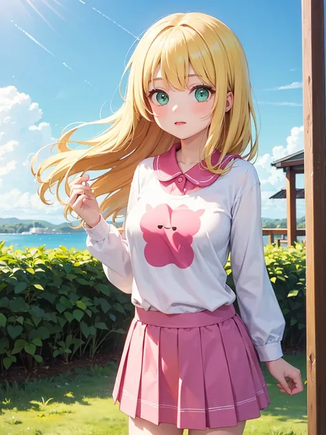 1girls, Solo, Long Hair, Breasts, Blonde Hair, green eyes, aqua t shirt, pink skirt, long sleeves, day, outdoors, Peter Pan collar, standing, 
