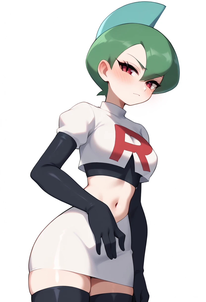  A stylized design of a girl, blushing look, pale white skin , short dark green hair,  framing the top of the head with a pointed crest on the top of the sky blue,  tilted backwards at a dynamic angle .  The face is white and smooth , with minimal details ...