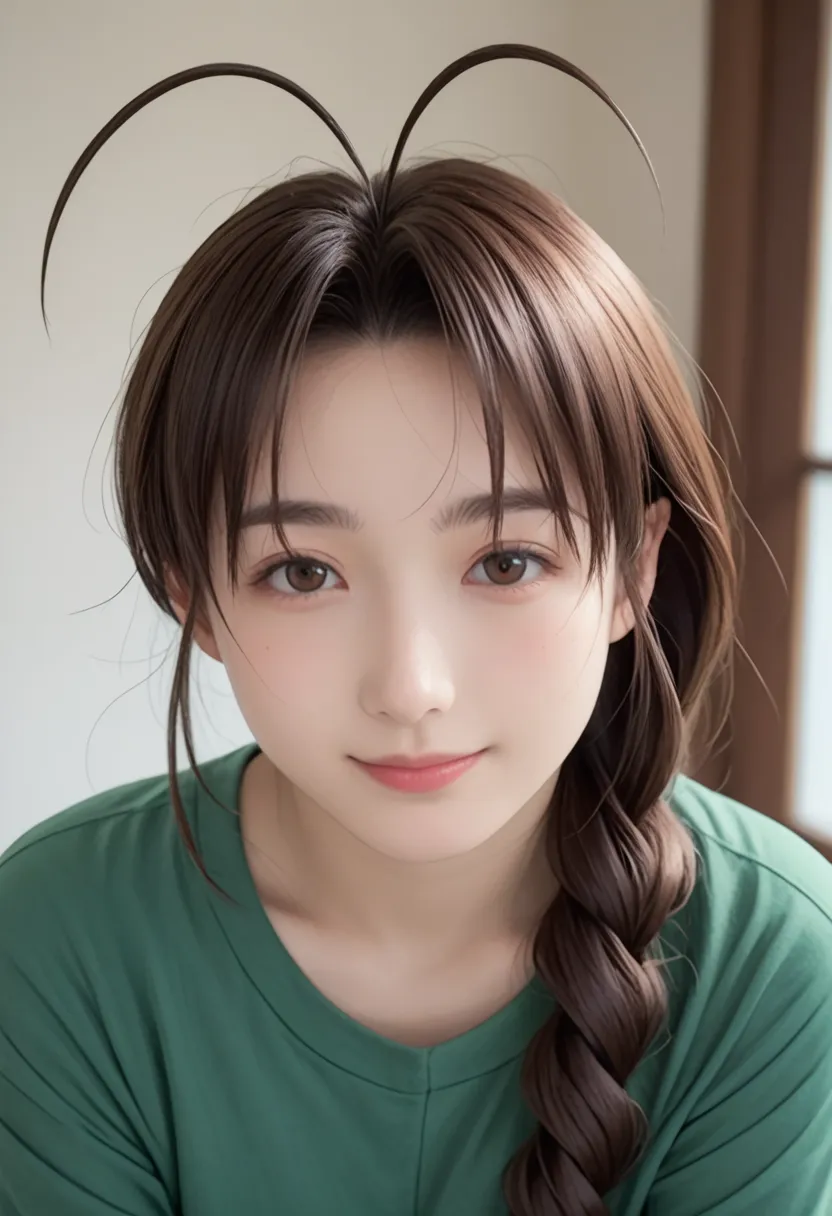 mutsumi otohime, long hair, brown hair, brown eyes, antenna hair, braid, single braid, braided ponytail, realistic antenna hair, antenna hair looks like real hair, amazingly beautiful face, realistic japanese female face, 100% japanese face, light cosmetic...