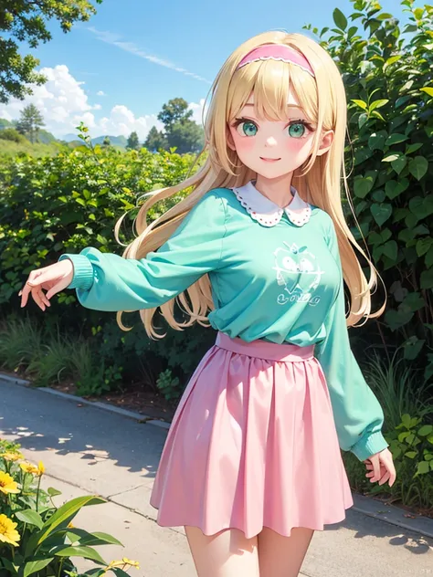 1girls, Solo, Long Hair, Breasts, Blonde Hair, green eyes, aqua t shirt, pink skirt, long sleeves, day, outdoors, Peter Pan collar, standing, smile, aqua headband
