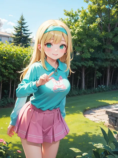 1girls, Solo, Long Hair, Breasts, Blonde Hair, green eyes, aqua t shirt, pink skirt, long sleeves, day, outdoors, Peter Pan collar, standing, smile, aqua headband
