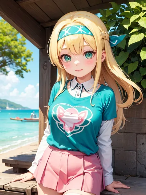 1girls, Solo, Long Hair, Breasts, Blonde Hair, green eyes, aqua t shirt, pink skirt, long sleeves, day, outdoors, Peter Pan collar, standing, smile, aqua headband
