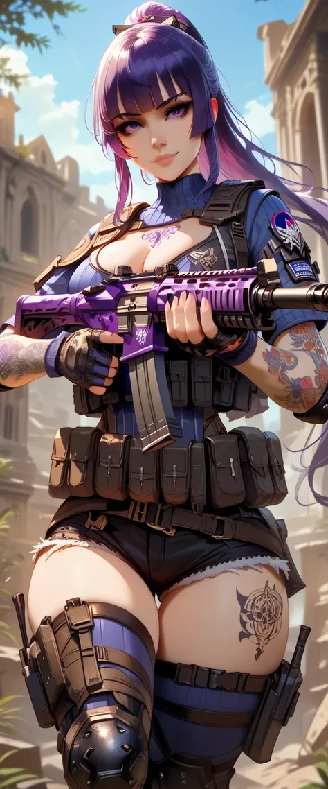 ultra-detailed, 1girl, solo, ((masterpiece)), (best quality), (highres), 16K, soldier, hime cut, purple eyes, tattoos, tattoos on leg, tattoos on hand, purple hair, long hair, ponytail, wearing goggles, tactical vest, gloves, thighhighs, bootyshorts, purpl...