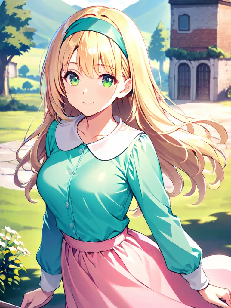 1girls, Solo, Long Hair, Breasts, Blonde Hair, green eyes, aqua t shirt, pink skirt, long sleeves, day, outdoors, Peter Pan collar, standing, smile, aqua headband
