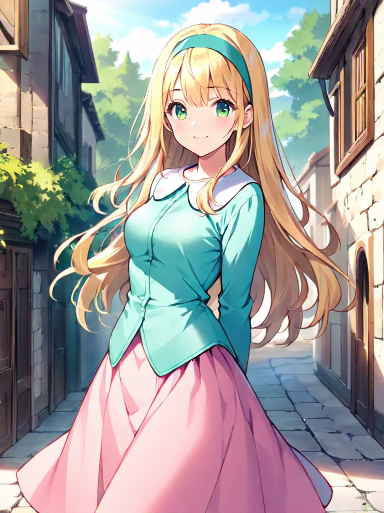 1girls, Solo, Long Hair, Breasts, Blonde Hair, green eyes, aqua t shirt, pink skirt, long sleeves, day, outdoors, Peter Pan collar, standing, smile, aqua headband
