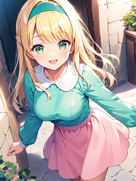 1girls, Solo, Long Hair, Breasts, Blonde Hair, green eyes, aqua t shirt, pink skirt, long sleeves, day, outdoors, Peter Pan collar, standing, smile, aqua headband
