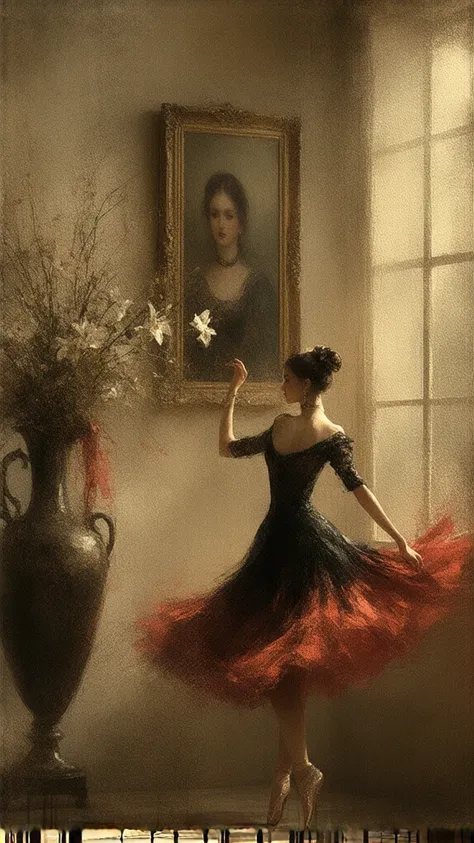 colored sketch of a modern Spanish ballerina, black and red Spanish dress, large scarf with Gustav Klimt colors, dancing in the room, classical paintings on the wall, large vase with lily flowers in the corner, a small golden tamarin watching her dance, ol...