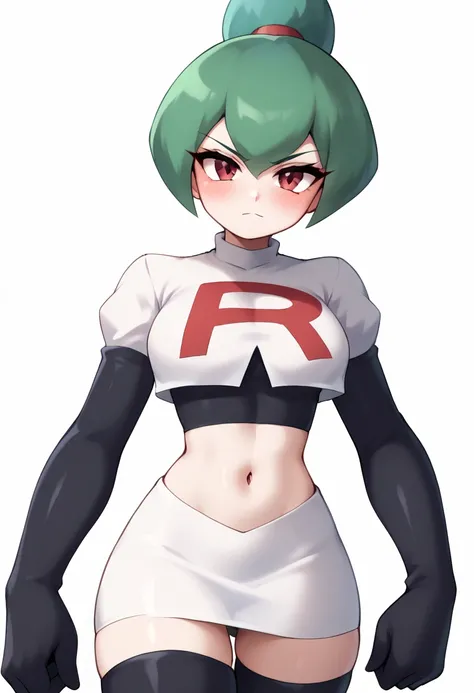  A stylized design of a girl, blushing look, pale white skin , short dark green hair,  framing the top of the head with a pointed crest on the top of the sky blue,  tilted backwards at a dynamic angle .  The face is white and smooth , with minimal details ...