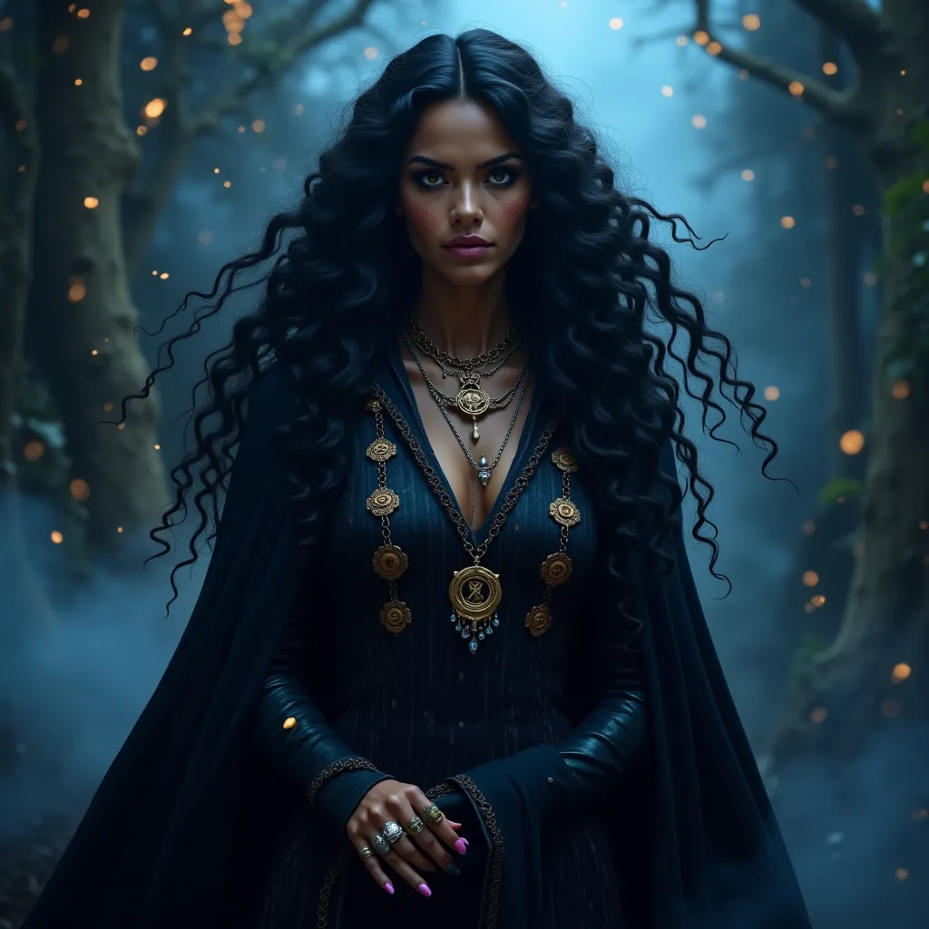 dark skin
ChatGPT says:
The image depicts a powerful sorceress with long, curly dark hair that falls in waves around her intense, expressive face. Her eyes shine with a deep mystery, reflecting the mystical power that surrounds her.

She wears a long, flow...