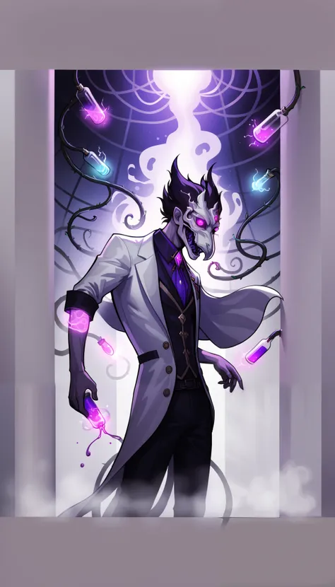 A magician wearing a white robe，The robe has silver embroidery and a faint glow， Has a Cold Face ， sharp eyesight ，Hand held glowing pill bottle，standing in a dark laboratory，surrounded by vines and dilapidated books，Dark fantasy style ，dark purple with bl...