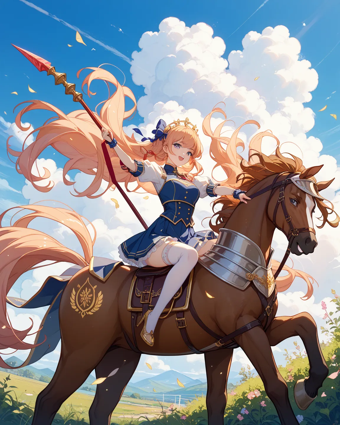 solo、 female in her 20s、 Gold、 long hair、knight、Raise a spear、Ride a horse、Riding Thoroughbreds while horseback riding