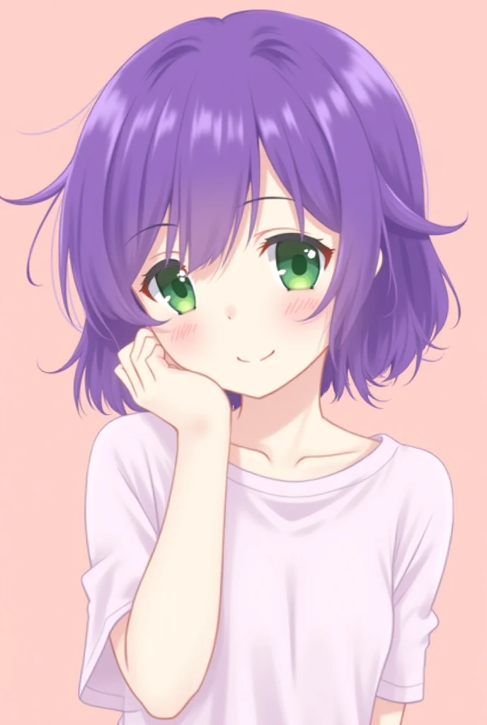 The image is an anime-style illustration of a young girl with vibrant purple hair and striking green eyes. She has a gentle smile and is tilting her head slightly while touching her ear. Her hair is styled in soft waves, with some strands framing her face....