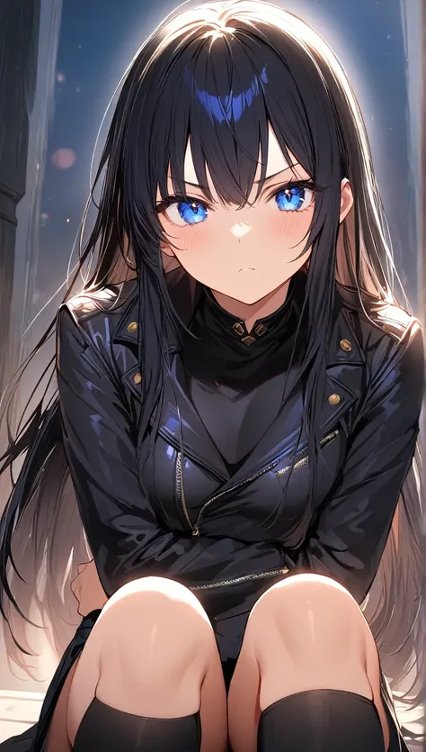     masterpiece,     top quality,  very detailed face,  very detailed, handsome girl,    Cool Expressions    ,     serious expression,     sharp eyesight ,     alone,        black hair,     long hair,        straight hair        , Dark blue eyes shining in...