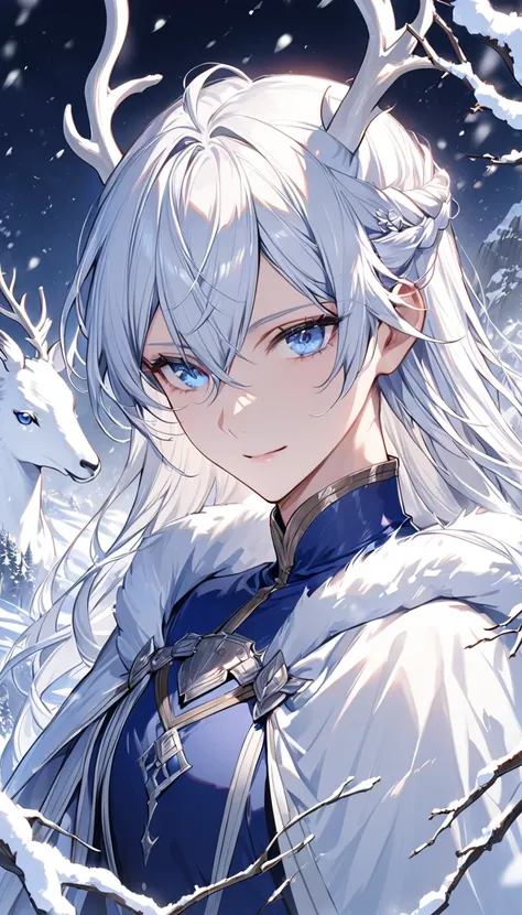 Detailed eye depiction， one woman，Duke，nice， Handsome，Handsome ，calm，Handsome，Slender， Silver White Long Hair，comb hair back， Light Blue Eyes ，Delicate five-pointed detail ， delicate eyes ,  Seamless Connection ，gentle smile ， Dark Blue Army Uniform，cloak，...