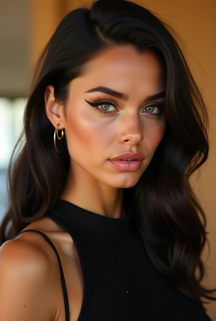 Create a stunning female model with striking and unique facial features. She has high cheekbones, almond-shaped eyes with an intense gaze, full lips, and a slightly upturned nose. Her skin is flawless with a natural glow, and her hair is long, voluminous, ...