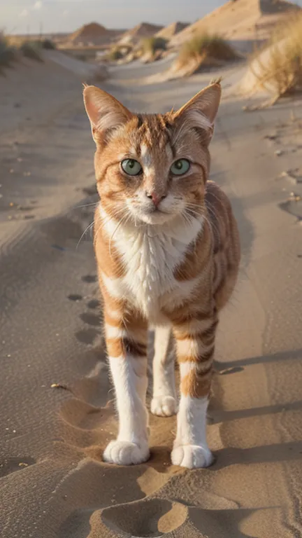 A vast desert landscape with golden sand dunes stretching into the distance under a bright, cloudless sky. The sun casts strong shadows on the rippling sand. In the foreground, a red-furred cat character with thick, fluffy fur, sharp green eyes, and a long...