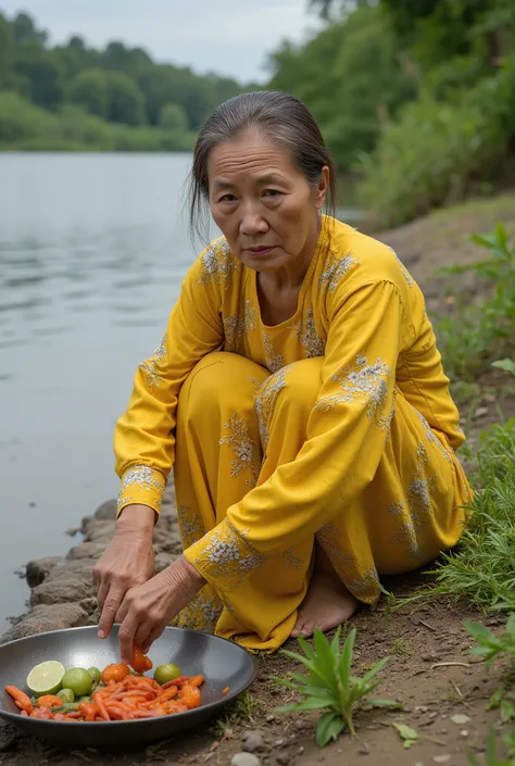 (Masterpiece), (High detail), (Ultrarealistic), ((Thailander Grandma1.2)), a grandmother from Thailand is squatting while washing vegetables near the river bank, she wears a long yellow dress with floral designs, her eyes stare directly at the viewer, slig...