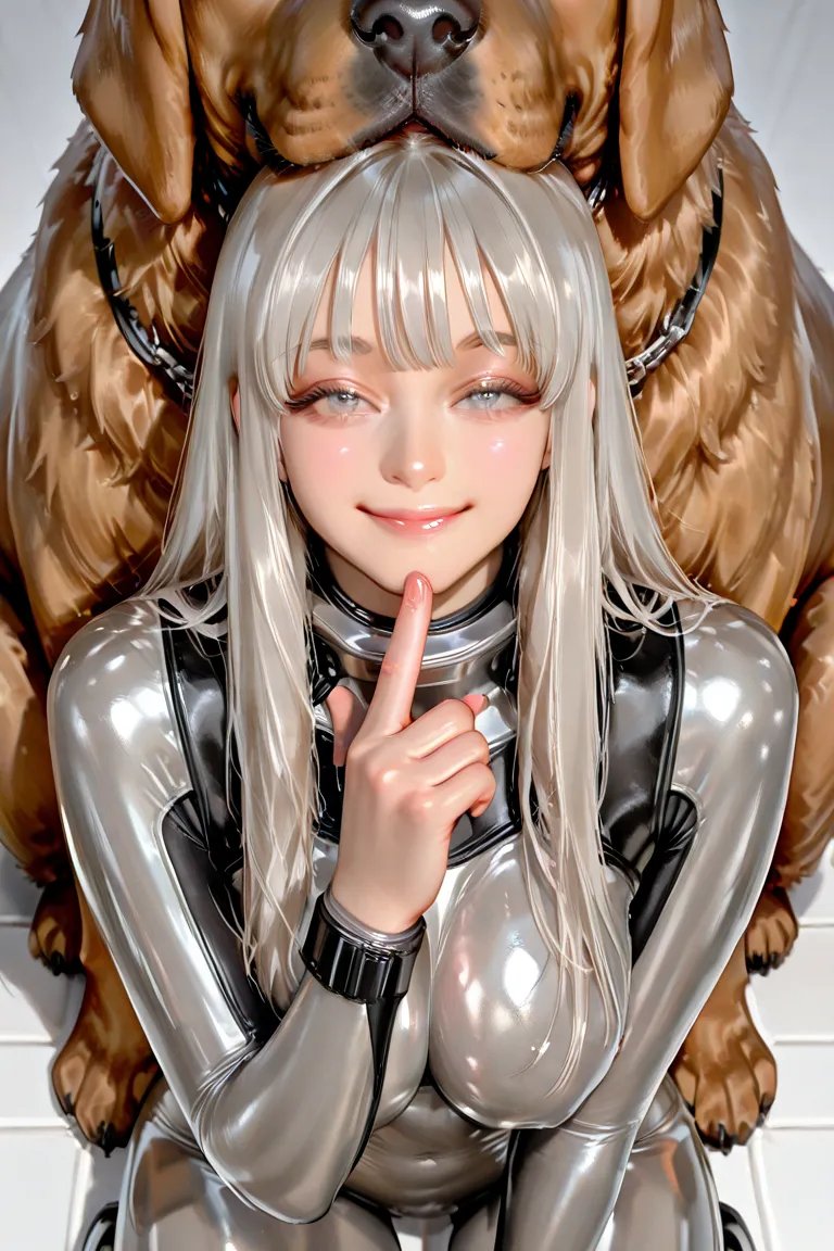 요염한 smile녀, ( realistic, High definition, 8k, high resolution, Realistic graphics,Accurate hand shape,  accurate finger  ),  light background, Long waist-length hair, platinum hair,  silver eyes,  Moist Eyes ,  big boobs, A voluminous body, Shiny Body, tig...