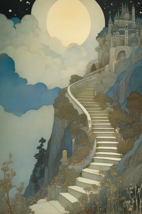 Kay Nielsen Style - An illustration in the styles of Edmund Dulac and Kay Nielsen mixed. Stairway to heaven. Mysterious award-winning painting