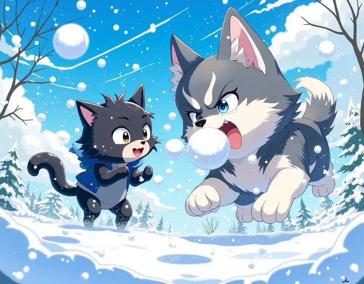 (masterpiece,top quality:1.2), a cartoon dog\(husky), a cartoon cat\(black cat), battle, snowball fight,Fluffy texture ,very fun atmosphere 、winter,snow balls,speed lines, very fun atmosphere,dynamic scene,sun light reflects on snow, shading and contrast,b...